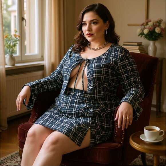 Plaid Long-Sleeve Cutout Top & Mini Skirt Set by Poster Grl – Museum Mischief 2X - Picture 2 of 3